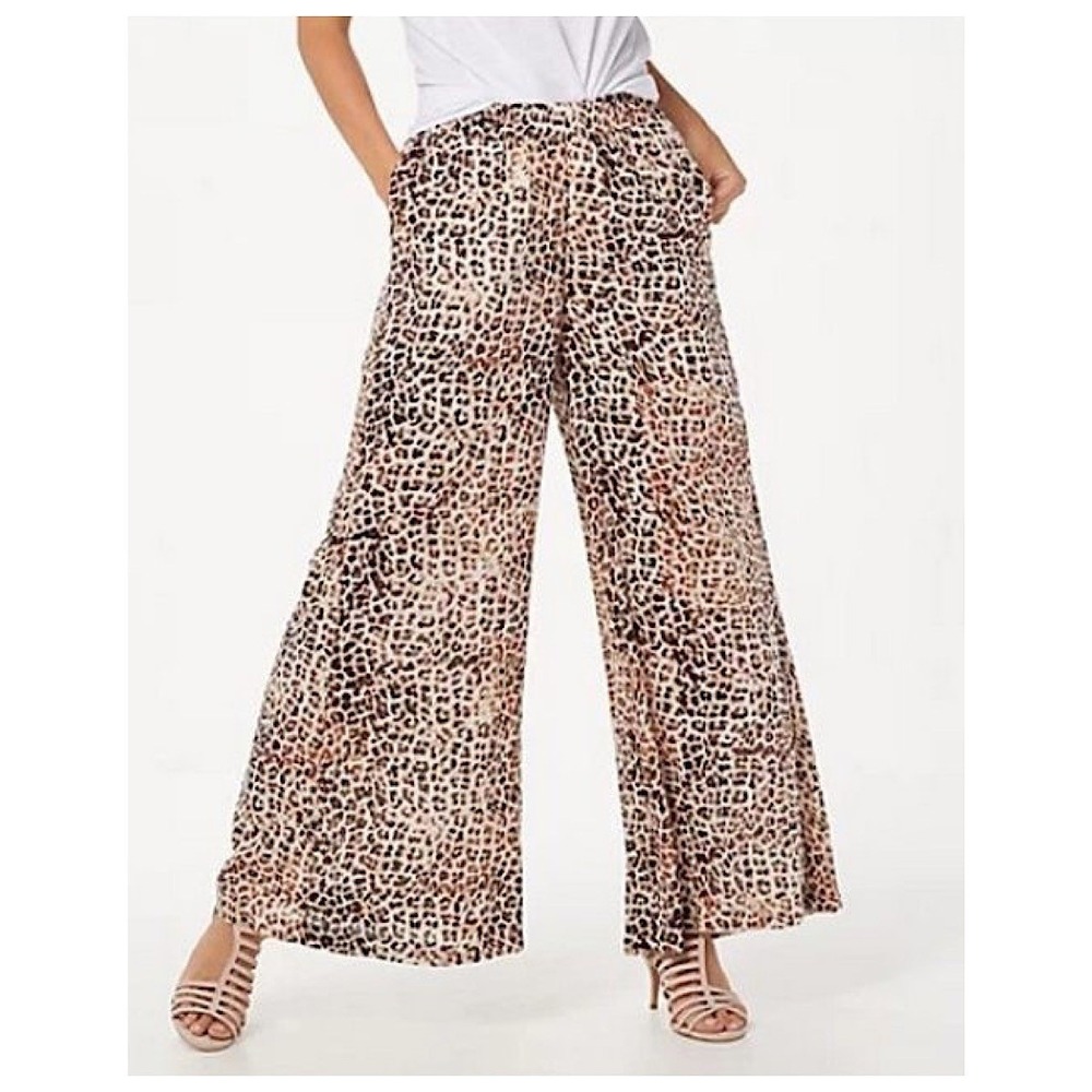 Haute Hippie Tribe Pants Women L Brown Leopard Print Wide Leg Elastic Waist Boho